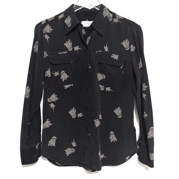 Equipment Tops - Equipment Femme Black 100% Silk Elephant Pattern Button-Down Shirt